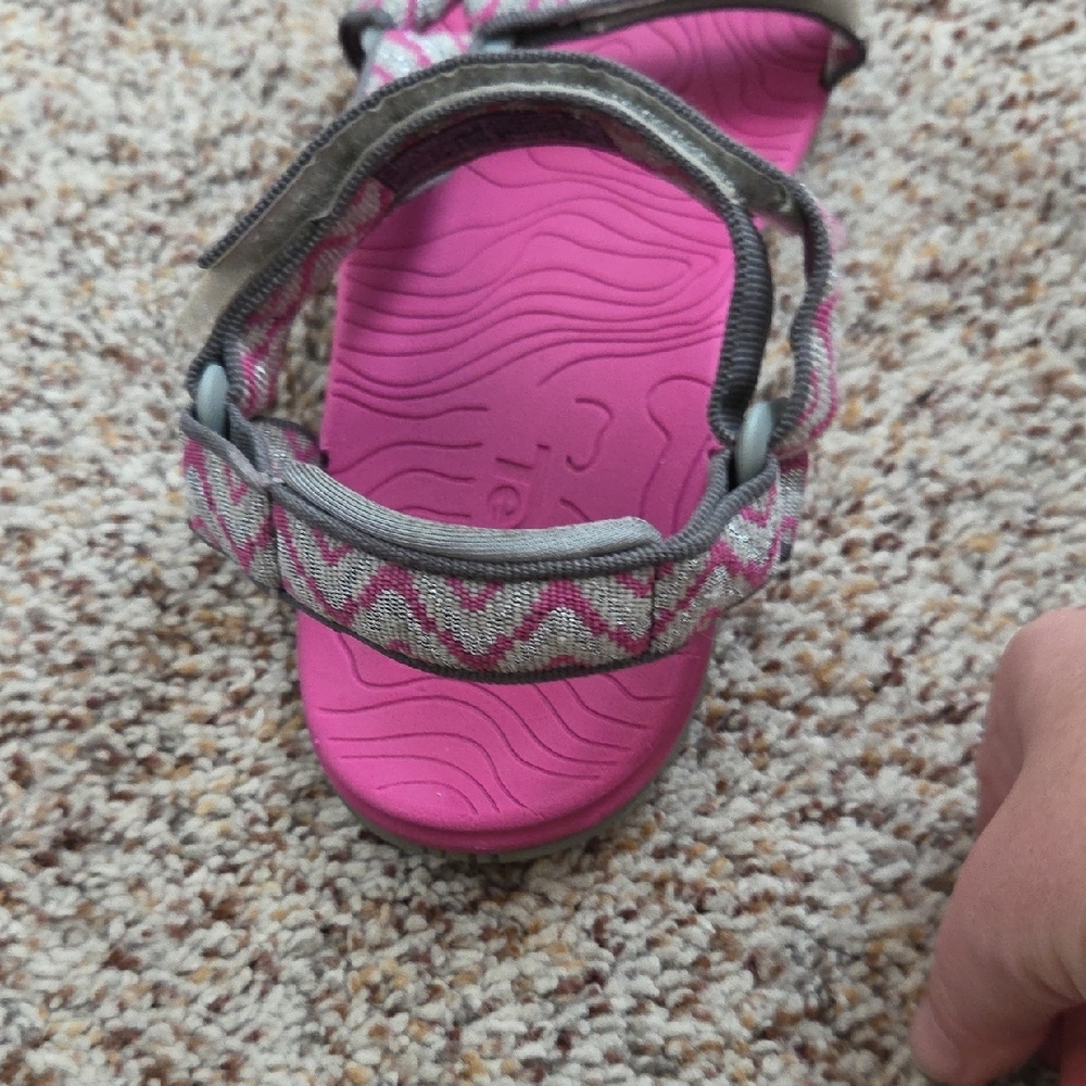 Teva Girl's Hiking Sandals with Pink Soles and Gray Straps - Picture 8 of 9